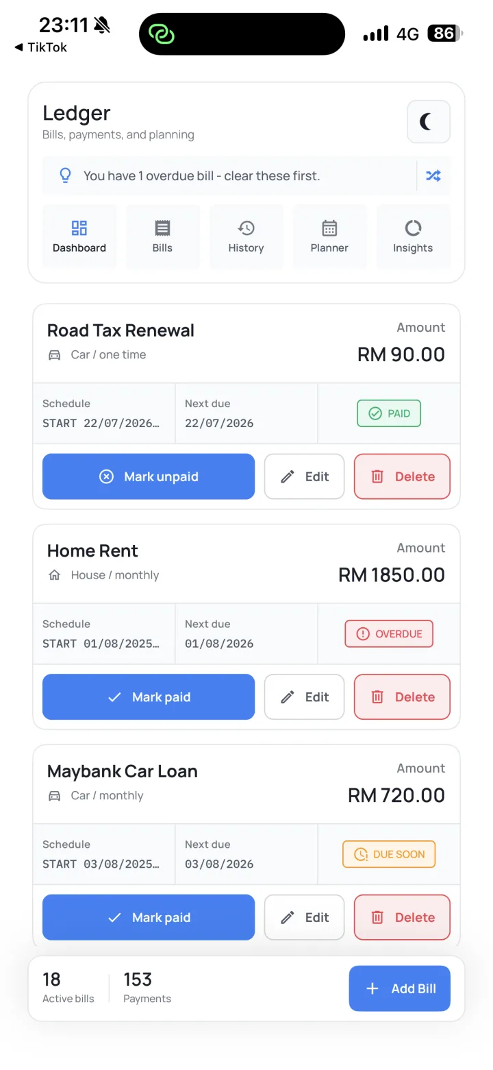 Commitment Manager bills and payment status list
