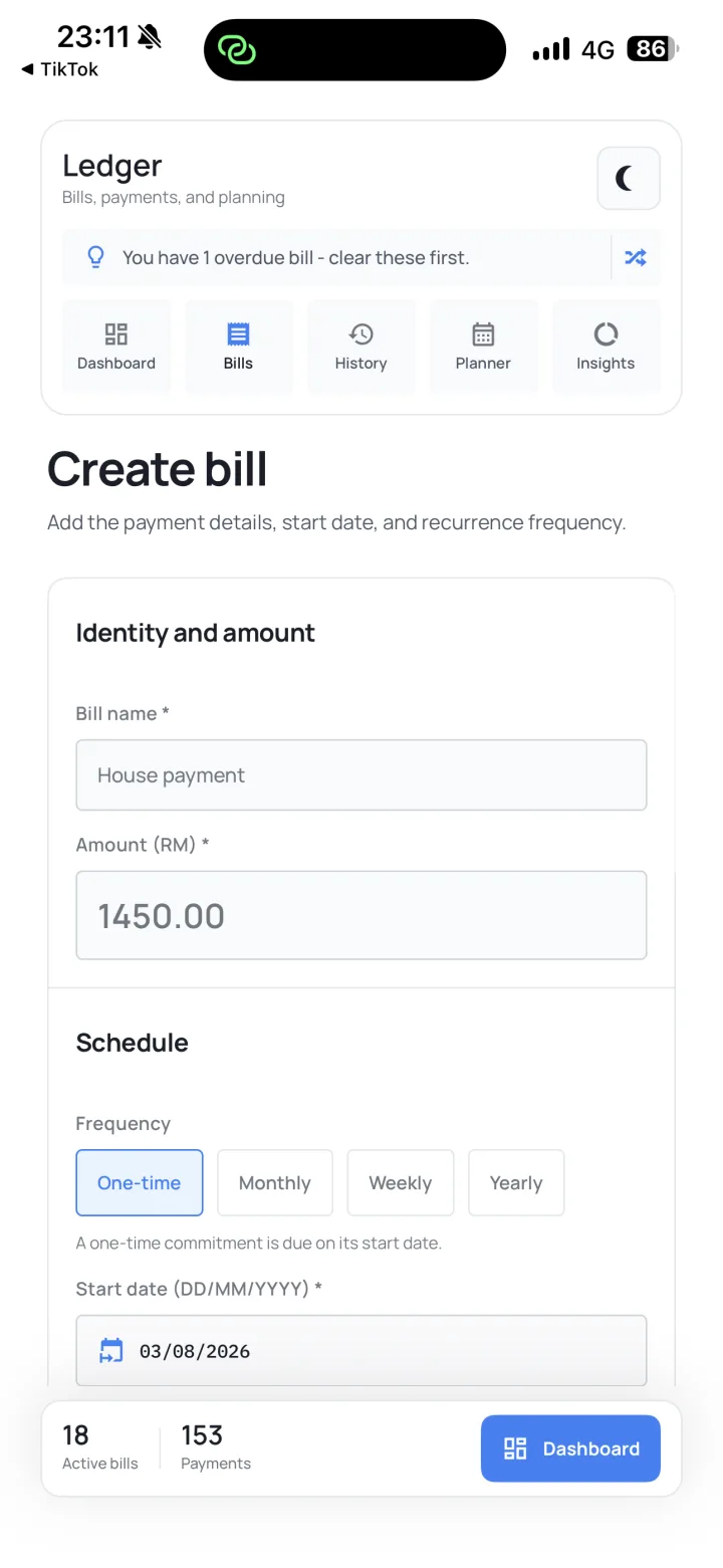 Commitment Manager create bill form