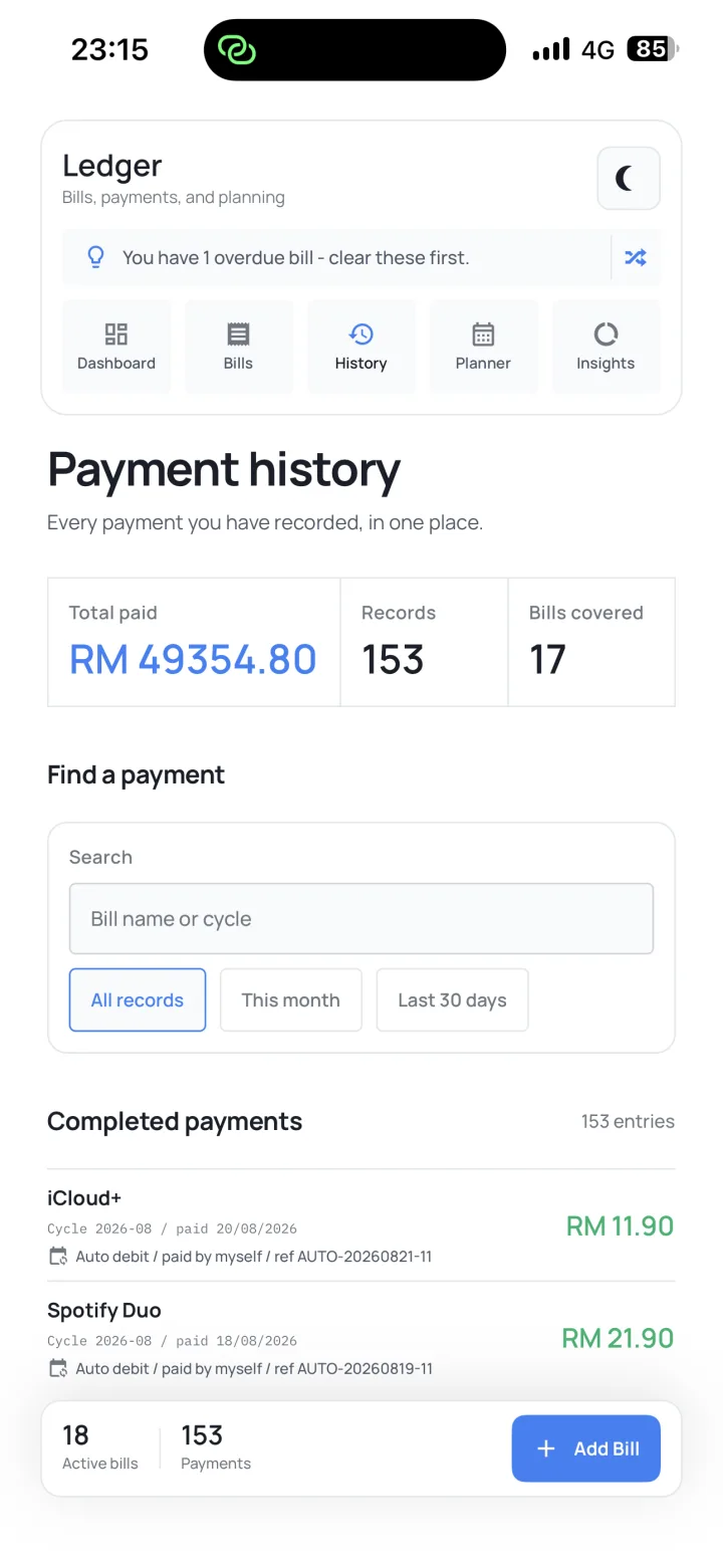 Commitment Manager completed payment history